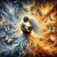 Twin flame couple. Soulmates. The concept of magical, esoteric, tantric, spiritual love. Connection between souls. Illustration for websites and much more. Created using generative ai tools.