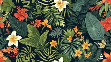  a bunch of tropical plants and flowers on a black background with a butterfly on the left side of the image.