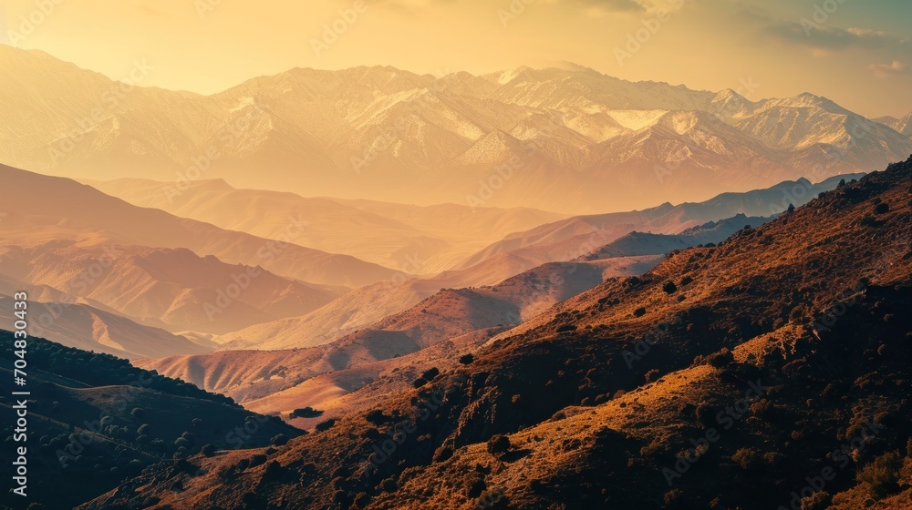 Poster a view of a mountain range from the top of a hill with mountains in the distance and clouds in the s