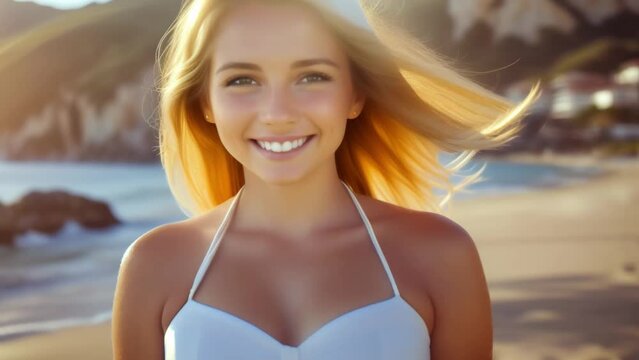 Video AI of a beautiful woman smiling happily in summer travel is suitable for use in summer tourism advertising.