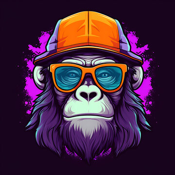 cool-faced monkey wearing stylish glasses and a cap hat. cool-faced monkey wearing stylish glasses and a cap hat vector illustration Pop art color animalhead creative character mascot logo design