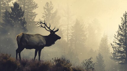  a large elk standing on top of a grass covered hillside next to a forest filled with lots of tall trees.