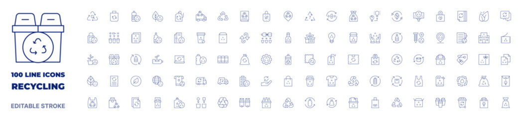 100 icons Recycling collection. Thin line icon. Editable stroke. Recycling icons for web and mobile app.