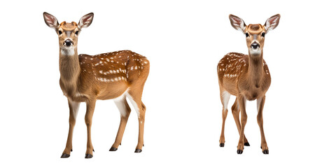 Set of deer isolated on transparent background. Front view of female deer or doe walking and looking at camera. Generative AI