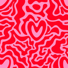 Seamless pattern for Valentine's Day. Concept design with hearts and abstract liquid or marble pattern. Pink banner for design of packaging, wrapper, party, flyer, celebration, branding, cover, sale.
