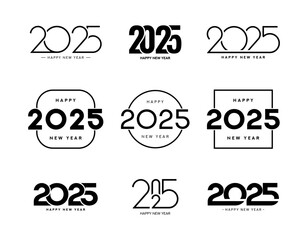 Set of Happy New Year 2025 logos design. Vector illustration with black numbers 2025 isolated on white background. New Year holiday logos template. Collection of 2025 happy new year symbols