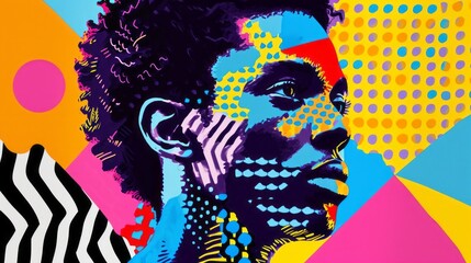a colorful pop art-inspired portrait of a person with bold patterns and vibrant hues