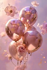 Rose gold and gold foil balloons with roses on a pastel pink and purple background, festive holiday greeting