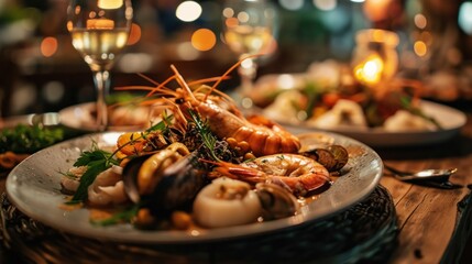  a close up of a plate of food on a table with a glass of wine and a candle in the background. - obrazy, fototapety, plakaty
