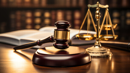 Law theme, mallet of the judge, balance, justice scale, books. Courtroom concept. Law symbols