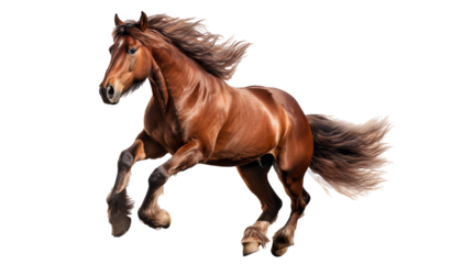 Photo of running horse isolated on transparent background. Red horse with long ponies was jumping. Generative AI