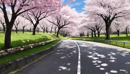 Fototapeta na wymiar a road with sakura trees and flowers on both sides , oil paint style
