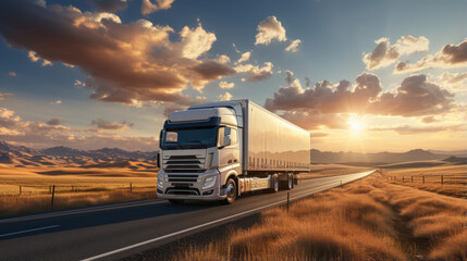 Large transport truck transporting commercial cargo on way highway road with mountains scenery