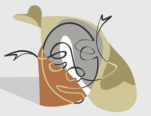 One line art. Single line cubism abstract face. Stylized continuous contour with abstract spots. Contemporary theatre icon. Vector illustration