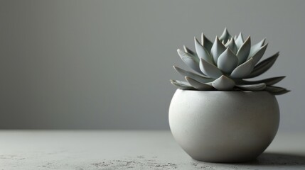  a succulent plant in a white vase sitting on a white table with a gray wall in the background.