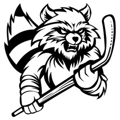 ''Angry Raccoon. hockey team logo. Raccoon mascot, emblem of a Raccoon on a white background. Raccoon vector illustration. black-and-white version