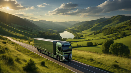 Large transport truck transporting commercial cargo on way highway road with mountains scenery