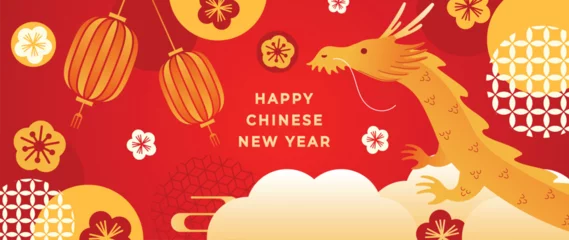 Foto auf Glas Happy Chinese new year background vector. Year of the dragon design wallpaper with dragon, hanging lantern, cloud, pattern. Modern luxury oriental illustration for cover, banner, website, decor. © TWINS DESIGN STUDIO