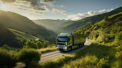 Large transport truck transporting commercial cargo on way highway road with mountains scenery - obrazy, fototapety, plakaty