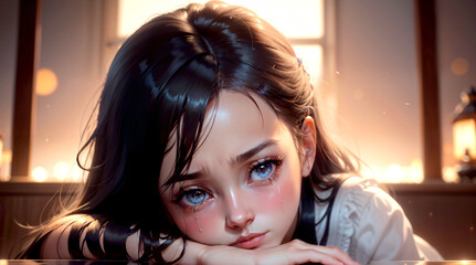 A crying girl with teary eyes