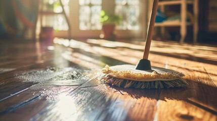 a broom sitting on top of a wooden floor on top of a hard wood floor next to a potted plant.