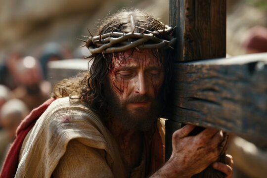 Jesus in a majestic manner, ascending Golgotha with dignity, the cross, and the crown of thorns, symbolizing the profound journey towards salvation