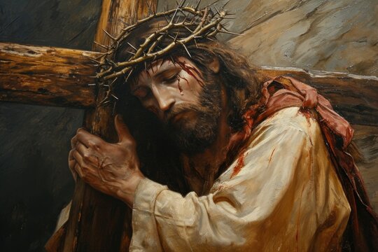 A symbolic representation of Jesus walking a path towards Golgotha, with the cross and crown of thorns forming key elements on the redemptive journey