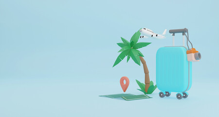 Time to travel concept  in 3d cartoon style with suitcase and travel accessory.3D rendering