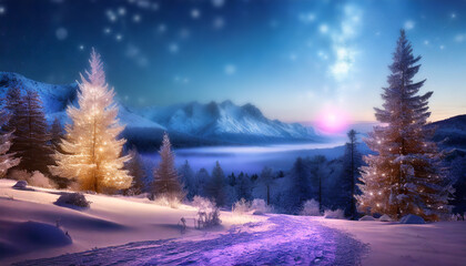 Beau paysage féérique de montagne couverts de neige avec sapin la nuit. Flocon et ciel étoilé. Joyeux Noël, bonne année, bonne vacances d'hiver au ski. Fond de vœux avec espace de copie pour texte. - obrazy, fototapety, plakaty