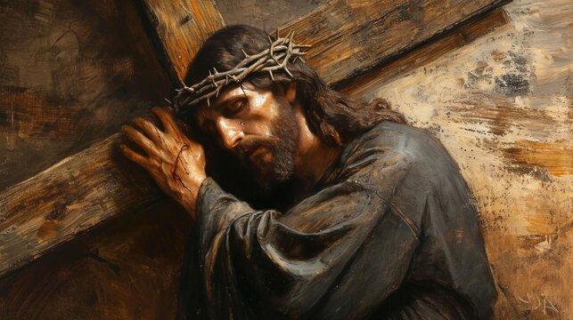 Illustration of Jesus Christ ascending Golgotha with the cross and the crown of thorns, symbolizing the redemptive journey towards salvation	
