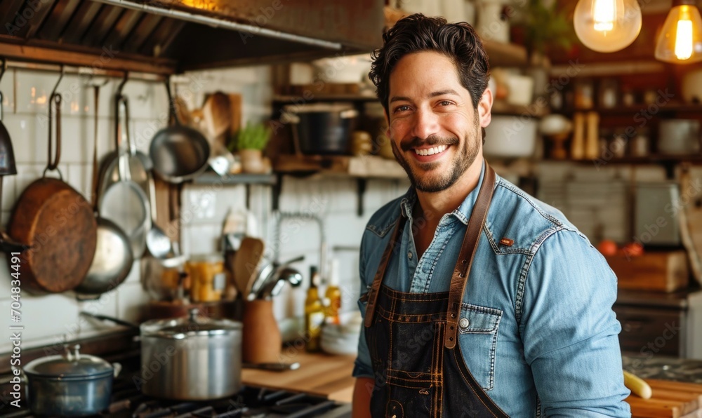Poster a man in an apron is smiling in a kitchen. generative ai.
