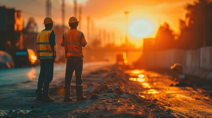 Two construction workers standing on a road at sunset. Generative AI. - obrazy, fototapety, plakaty