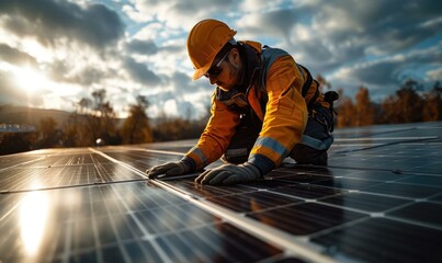 A man in an orange hard hat and safety glasses working on a solar panel. Generative AI.