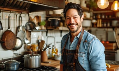 Fototapeta premium A man in an apron is smiling in a kitchen. Generative AI.
