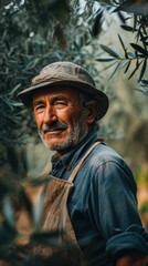An old man in an olive grove. Generative AI.