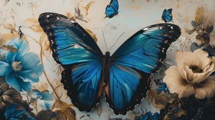  a blue butterfly sitting on top of a white and blue wall next to a bunch of white and blue flowers.