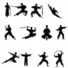 set of martial arts silhouettes, set of  karate fighters silhouettes ,set of girl fitness silhouettes, set of combat fighter silhouettes , boys and girls self defence silhouettes  ,fitness silhouettes