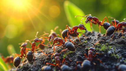 ants at teamwork and cooperation in sunlight of nature