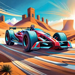 Racing car racing on a desert road