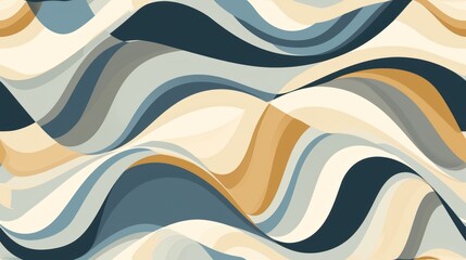  an abstract background with wavy lines in shades of blue, yellow, and beige, with a black bird flying over the top of the wave.