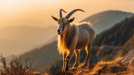 Obraz premium A goat playing near a mountain edge.