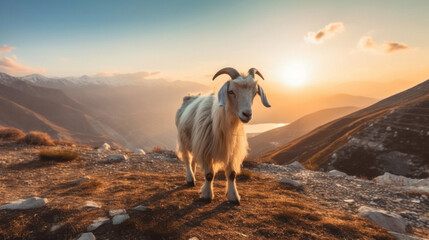 Naklejka premium A goat playing near a mountain edge.