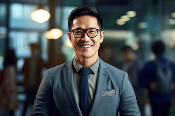 Fototapeta premium Asian business man standing in an office smiling confidently. Business corporate people background.