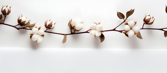 Cotton Branch On White Background. Delicate White Cotton Flowers. Light Cotton Background. Elegant White Cotton Design