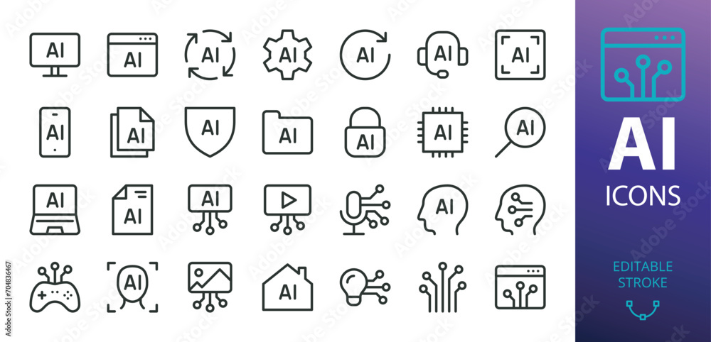 Poster ai technology isolated icons set. set of artificial intelligence technologies and solutions, machine