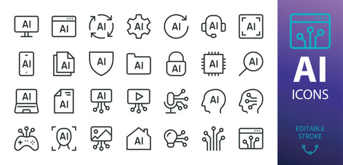 AI technology isolated icons set. Set of artificial intelligence technologies and solutions, machine learning, video generation, ai image generator, chat bot vector icon