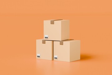 Obraz premium 3D pile of stacked cardboard parcel or delivery box icon. Template of shopping packages for good isolated on orange background. Fast delivery, shopping, logistic concept. Minimal Cartoon.3D Rendering