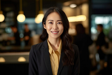 Obraz premium Asian business woman standing in an office smiling confidently. Business corporate people background.