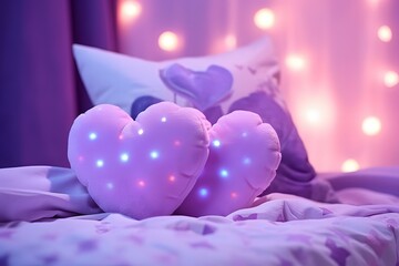 Romantic Purple Heart Cushions on Bed