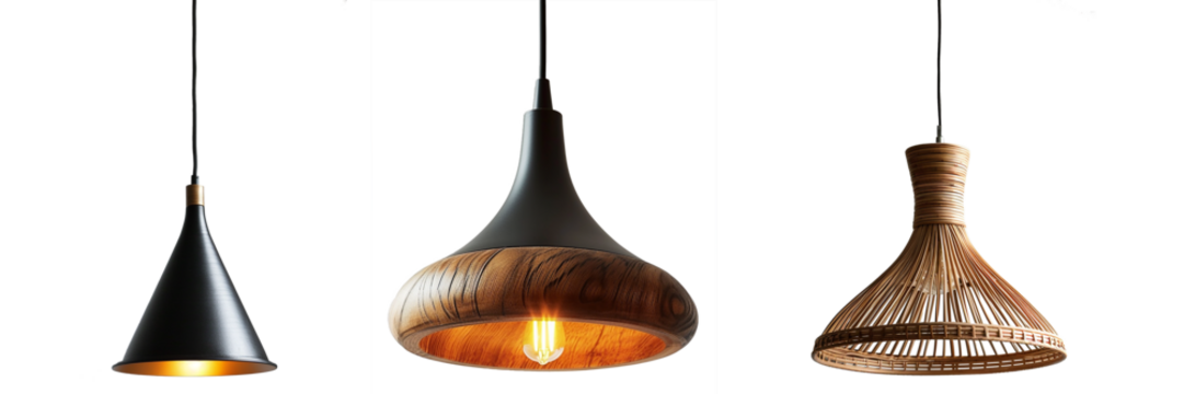 Set of minimalist hanging lamps isolated on transparent background. Front view of modern minimalist pendant hanging lamp for home interior decoration elements. Generative AI